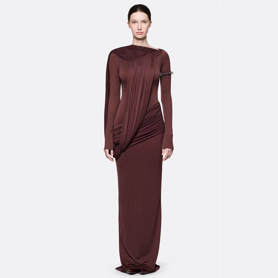 Long-Sleeve Draped Maxi Dress — Asymmetric Draping with a Ruched Waist
