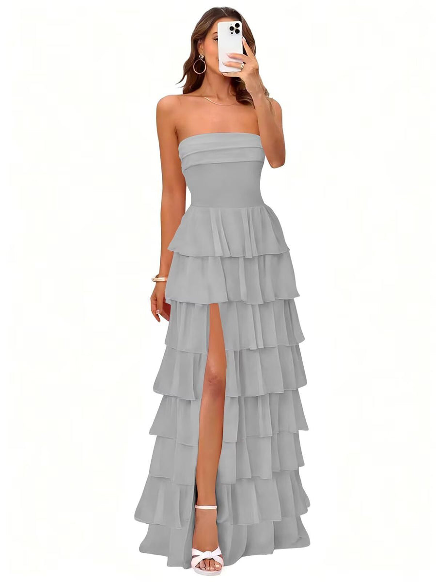Cake skirt women's layered ruffles high slit long skirt sexy evening dress wedding bridesmaid dress tube top party dress