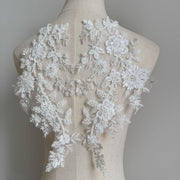 Zh430 white beaded embroidered lace rhinestone appliqué mesh fabric for wedding dresses, evening gowns, and apparel decoration