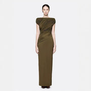 Boat-Neck Ruched Maxi Dress — Cap Sleeves with Asymmetric Draping
