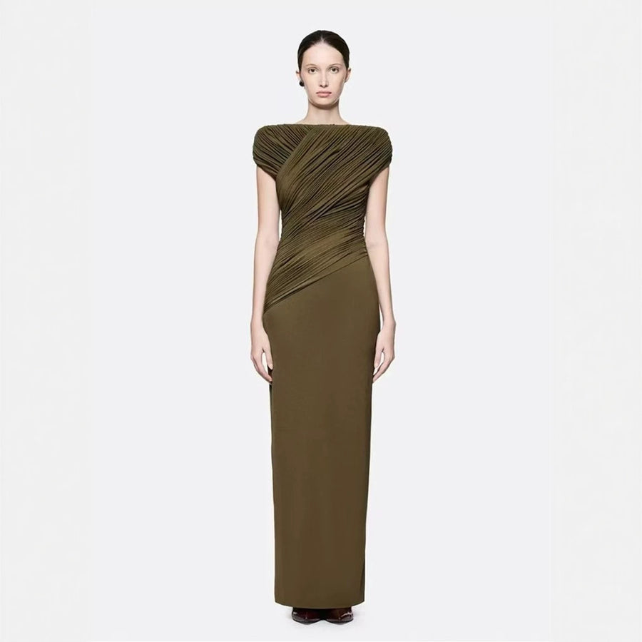 Boat-Neck Ruched Maxi Dress — Cap Sleeves with Asymmetric Draping