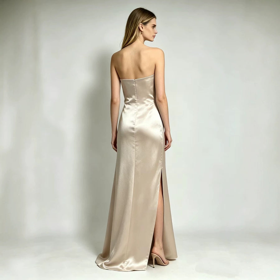 Strapless Satin Evening Gown — Fluid Draping with a Metallic Accent and High Split