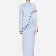 Long-Sleeve Draped Maxi Dress — Asymmetric Draping with a Ruched Waist