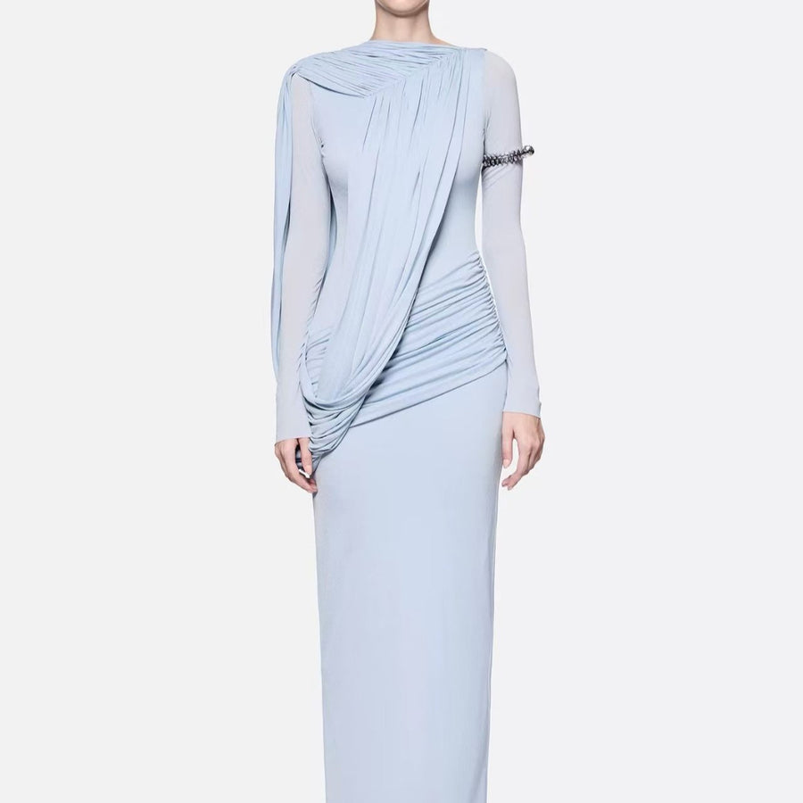 Long-Sleeve Draped Maxi Dress — Asymmetric Draping with a Ruched Waist