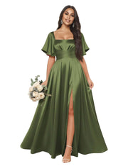 Satin square neck short-sleeved long evening dress, multiple colors available, sister group toast dress, annual meeting host, classy banquet