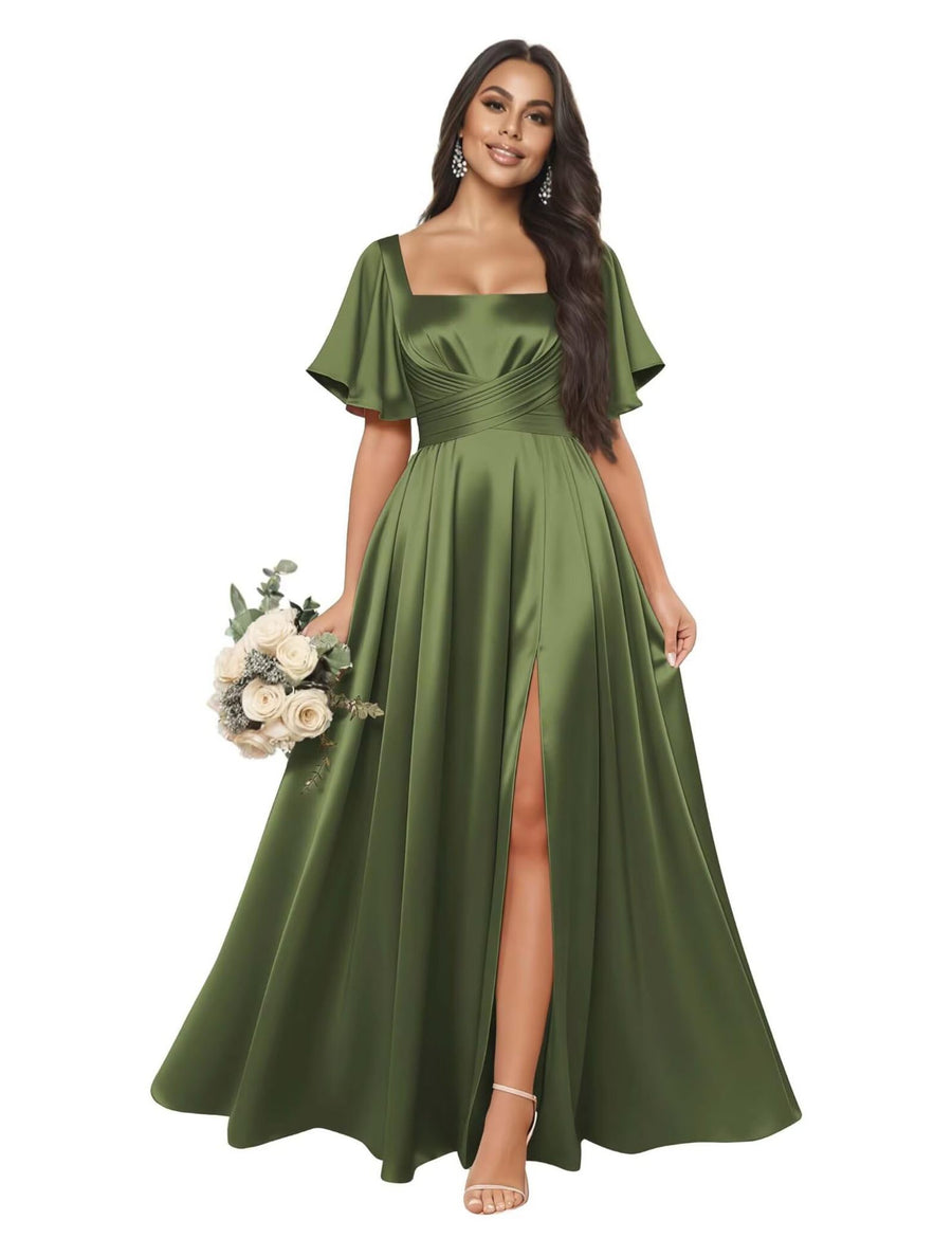 Satin square neck short-sleeved long evening dress, multiple colors available, sister group toast dress, annual meeting host, classy banquet