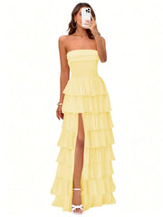 Cake skirt women's layered ruffles high slit long skirt sexy evening dress wedding bridesmaid dress tube top party dress