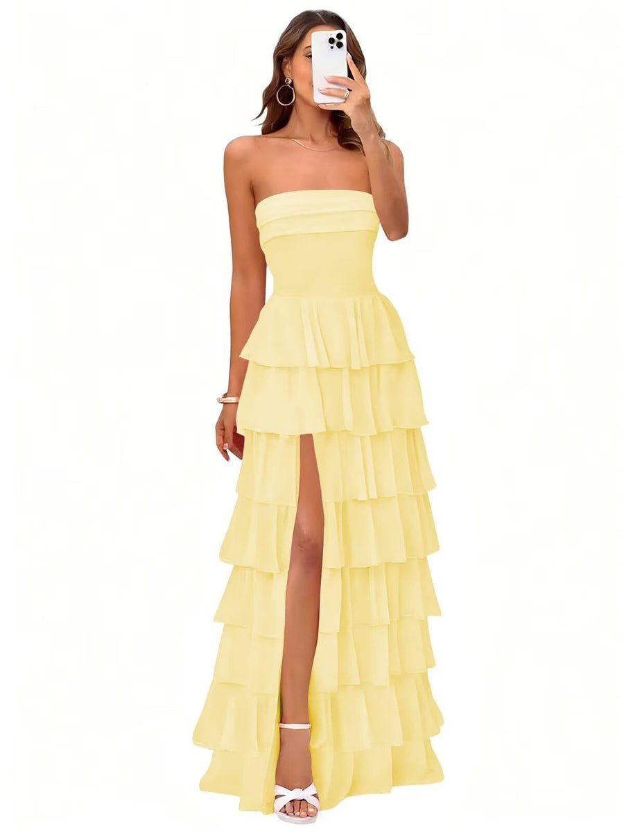 Cake skirt women's layered ruffles high slit long skirt sexy evening dress wedding bridesmaid dress tube top party dress