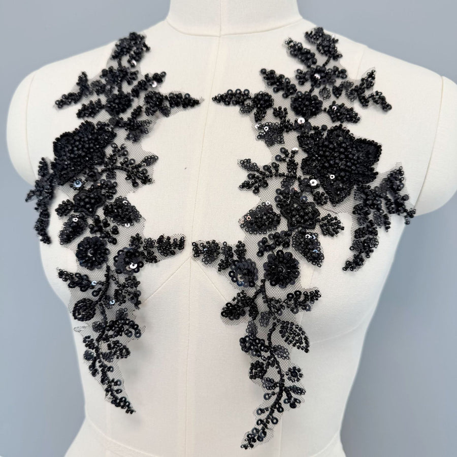 Zh427 pair of black beaded flower appliques - diy embellishments for clothing, dresses, and more - 3d embroidery