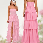 Cake skirt women's layered ruffles high slit long skirt sexy evening dress wedding bridesmaid dress tube top party dress