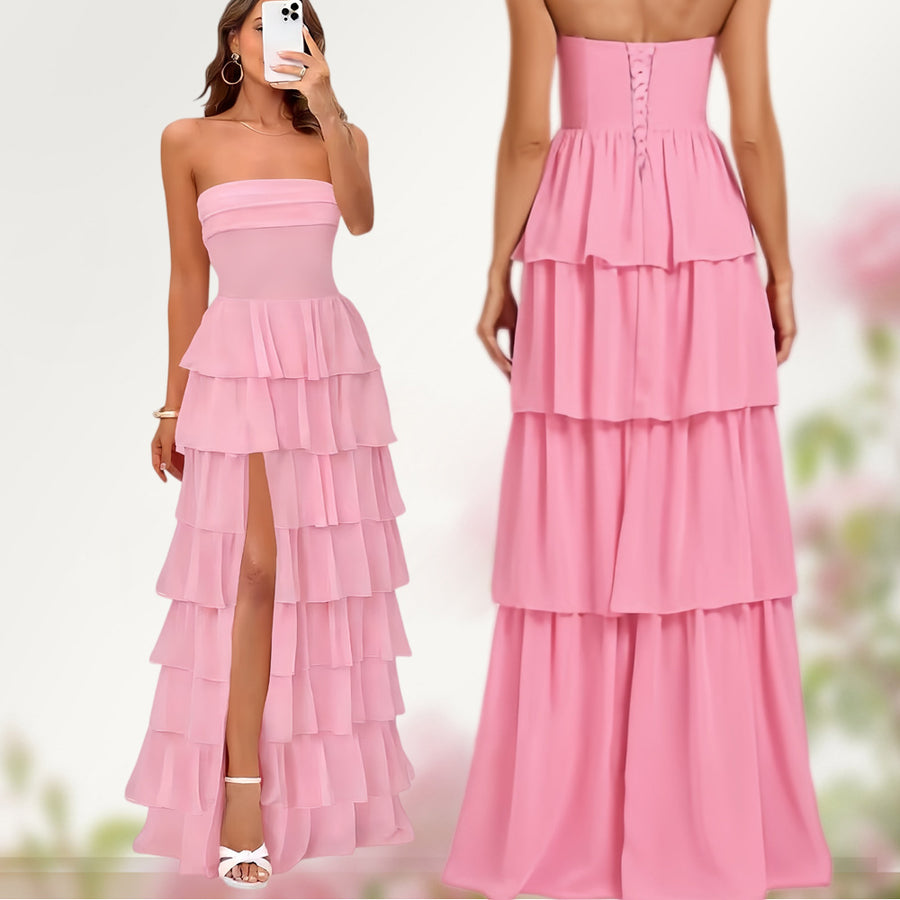 Cake skirt women's layered ruffles high slit long skirt sexy evening dress wedding bridesmaid dress tube top party dress