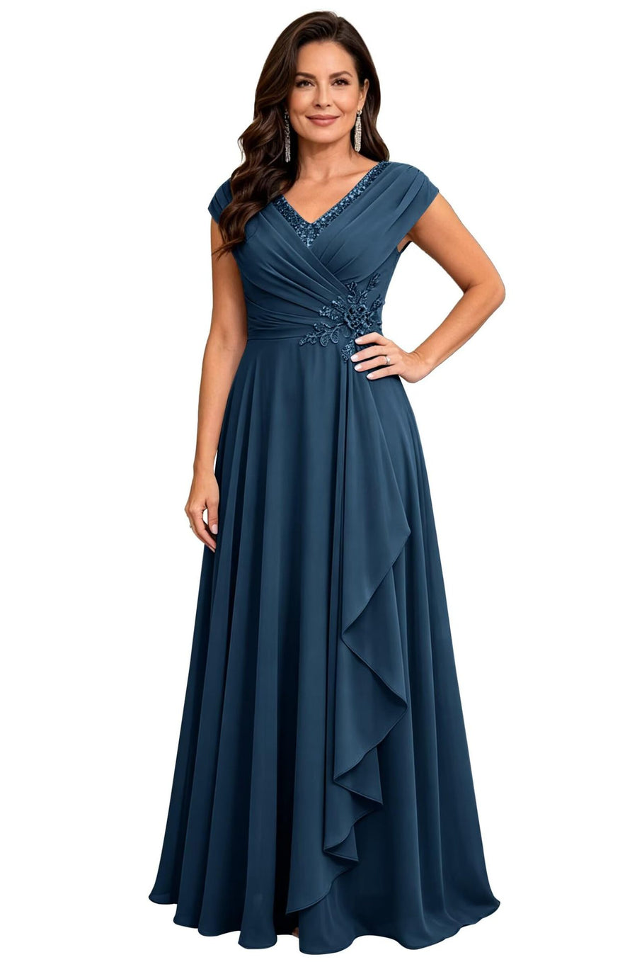 Cross-border chiffon long evening dress women's v neck diamond bridesmaid dress banquet toasting skirt slimming look a-line dress ladieswear