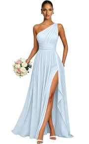 One shoulder chiffon long bridesmaid dress slit evening dress female sister group toast dress graduation performance dress factory direct supply