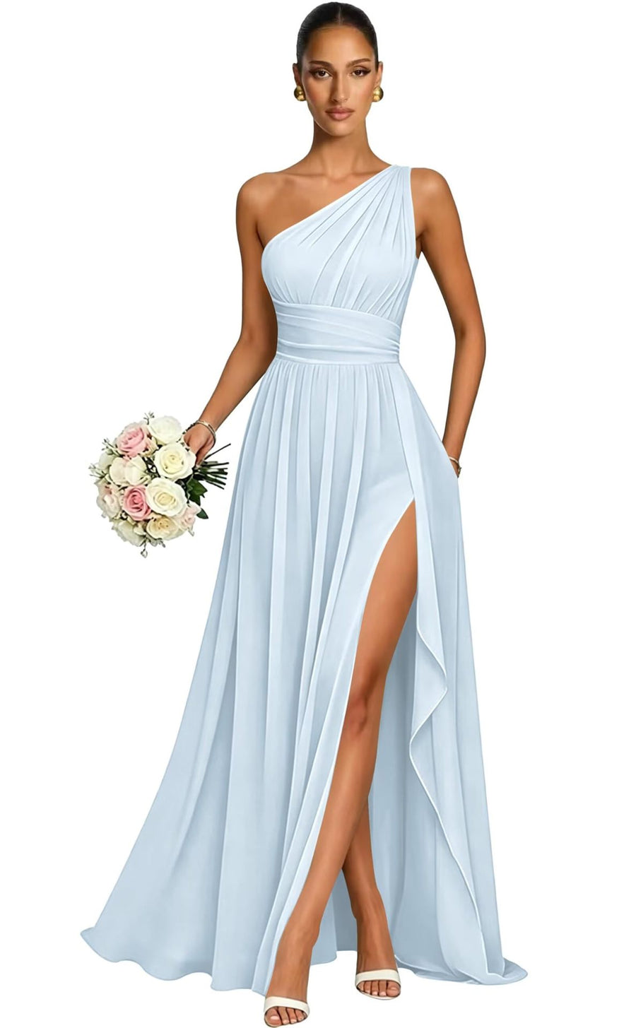 One shoulder chiffon long bridesmaid dress slit evening dress female sister group toast dress graduation performance dress factory direct supply