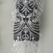 Half-Silver Mesh Fabric with Mixed Beads, Sequins & Machine Embroidery - DIY Apparel Front & Back Panel (ZH482)