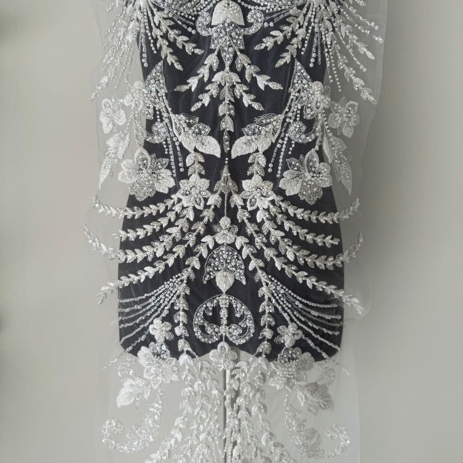 Half-Silver Mesh Fabric with Mixed Beads, Sequins & Machine Embroidery - DIY Apparel Front & Back Panel (ZH482)