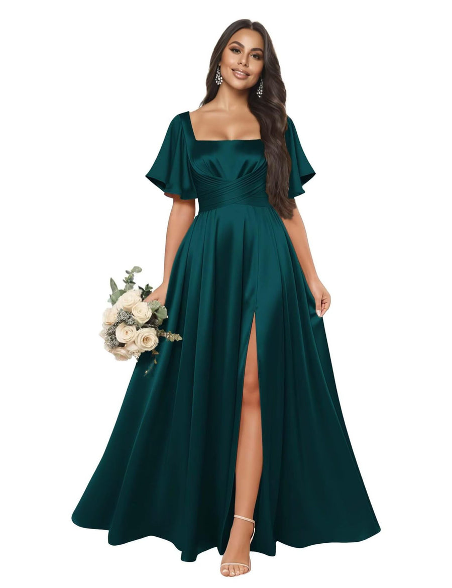 Satin square neck short-sleeved long evening dress, multiple colors available, sister group toast dress, annual meeting host, classy banquet