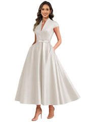 2026 premium satin v-neck midi dress with belted waist, pockets, and suitable for daily wear, parties, and hosting events