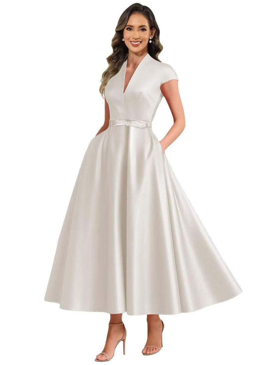 2026 premium satin v-neck midi dress with belted waist, pockets, and suitable for daily wear, parties, and hosting events
