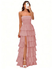 Cake skirt women's layered ruffles high slit long skirt sexy evening dress wedding bridesmaid dress tube top party dress