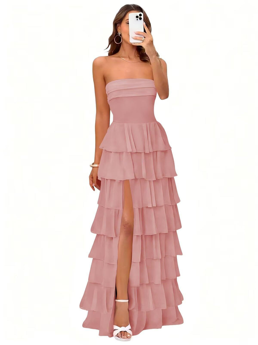 Cake skirt women's layered ruffles high slit long skirt sexy evening dress wedding bridesmaid dress tube top party dress