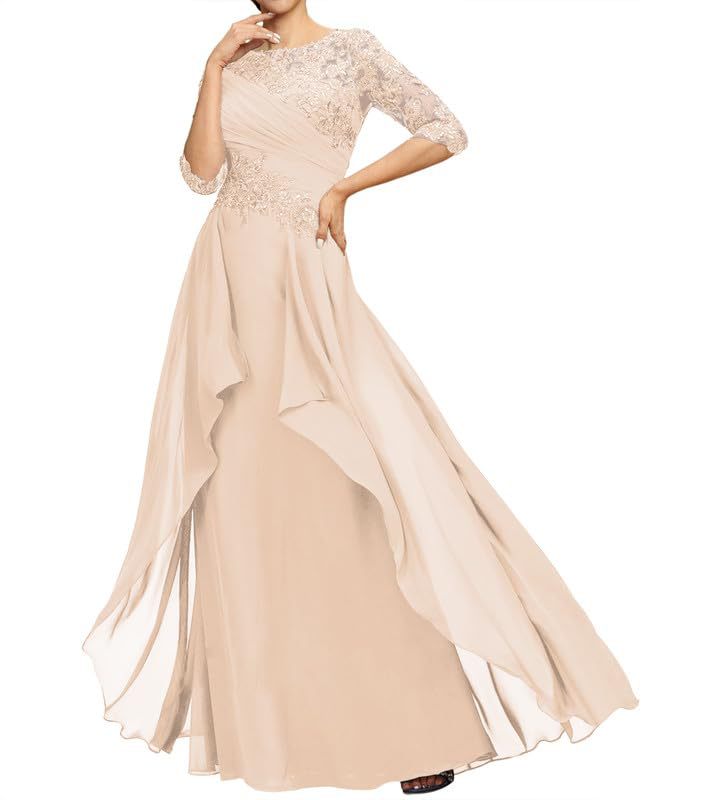 New chiffon lace long evening gown - round neck, mid-sleeve, slimming design - perfect for weddings, bridesmaids, dinner parties, or mother of the bride