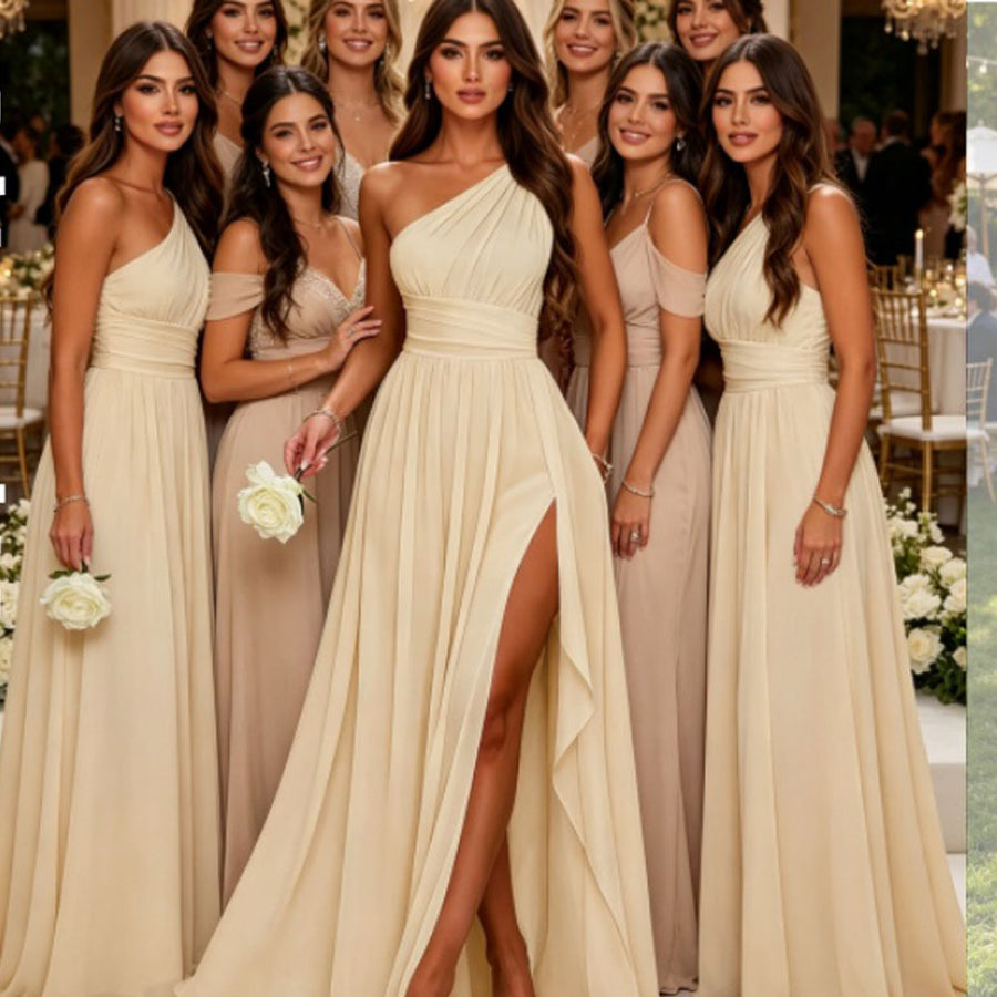One shoulder chiffon long bridesmaid dress slit evening dress female sister group toast dress graduation performance dress factory direct supply