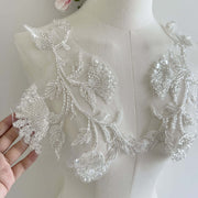 White beaded embroidered leaf and butterfly lace appliqué for DIY women's clothing and headwear trim.
