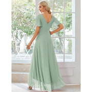 2026 cross-border gentle style v-neck pleated chiffon bridesmaid dress ruffle short-sleeved asymmetrical skirt party