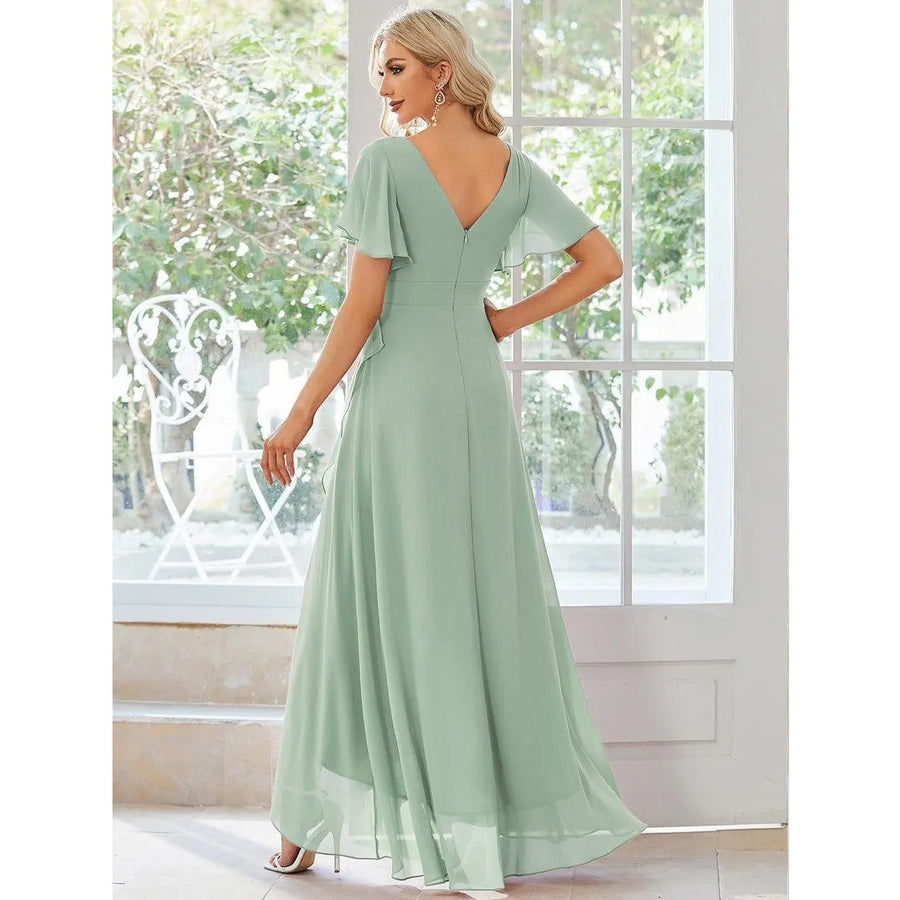 2026 cross-border gentle style v-neck pleated chiffon bridesmaid dress ruffle short-sleeved asymmetrical skirt party