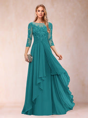 Chiffon lace patchwork mid-sleeve evening gown - round neck a-line floor-length dress - perfect for mothers, mothers-in-law, and hostesses