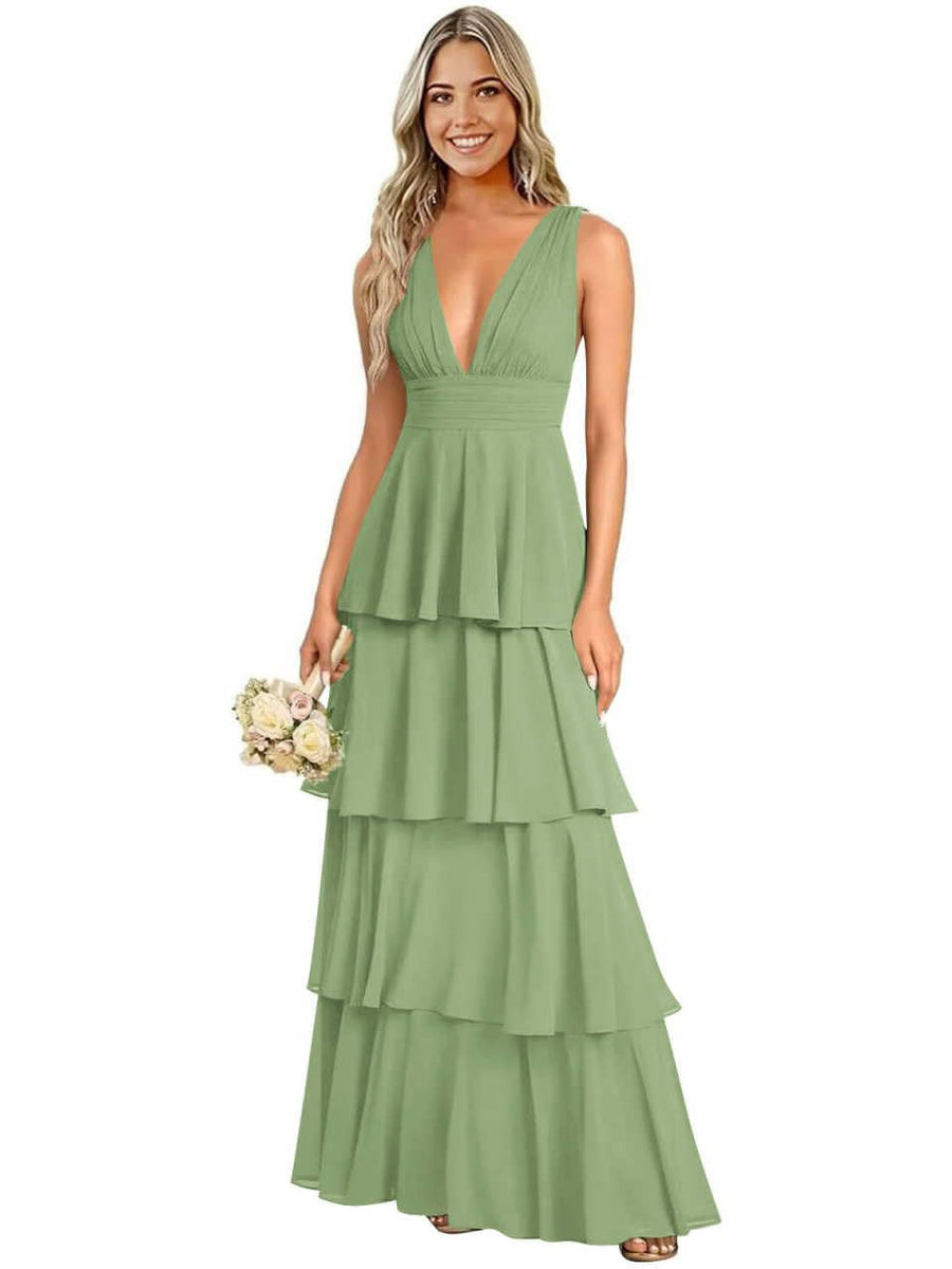 European and american chiffon bridesmaid dress v-neck sleeveless tiered cake dress wedding sister dress hostess outfit gown