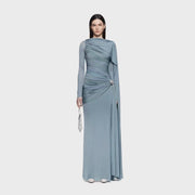 Long-Sleeve Ruched Evening Gown — Asymmetric Draping with a Metallic Hip Detail