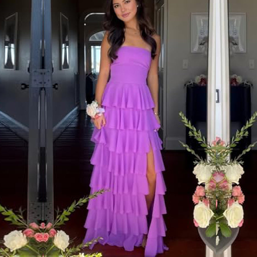 Cake skirt women's layered ruffles high slit long skirt sexy evening dress wedding bridesmaid dress tube top party dress