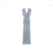 V-Neck Draped Evening Gown — Cross-Over Hip Pleats with a Flowing Skirt