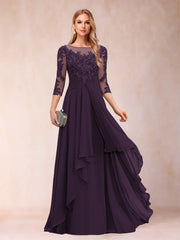 Chiffon lace patchwork mid-sleeve evening gown - round neck a-line floor-length dress - perfect for mothers, mothers-in-law, and hostesses