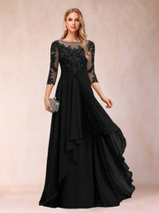 Chiffon lace patchwork mid-sleeve evening gown - round neck a-line floor-length dress - perfect for mothers, mothers-in-law, and hostesses