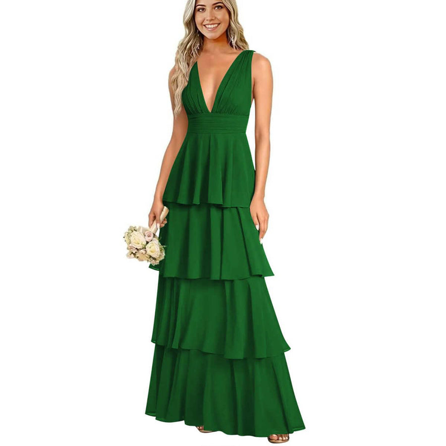 European and american chiffon bridesmaid dress v-neck sleeveless tiered cake dress wedding sister dress hostess outfit gown