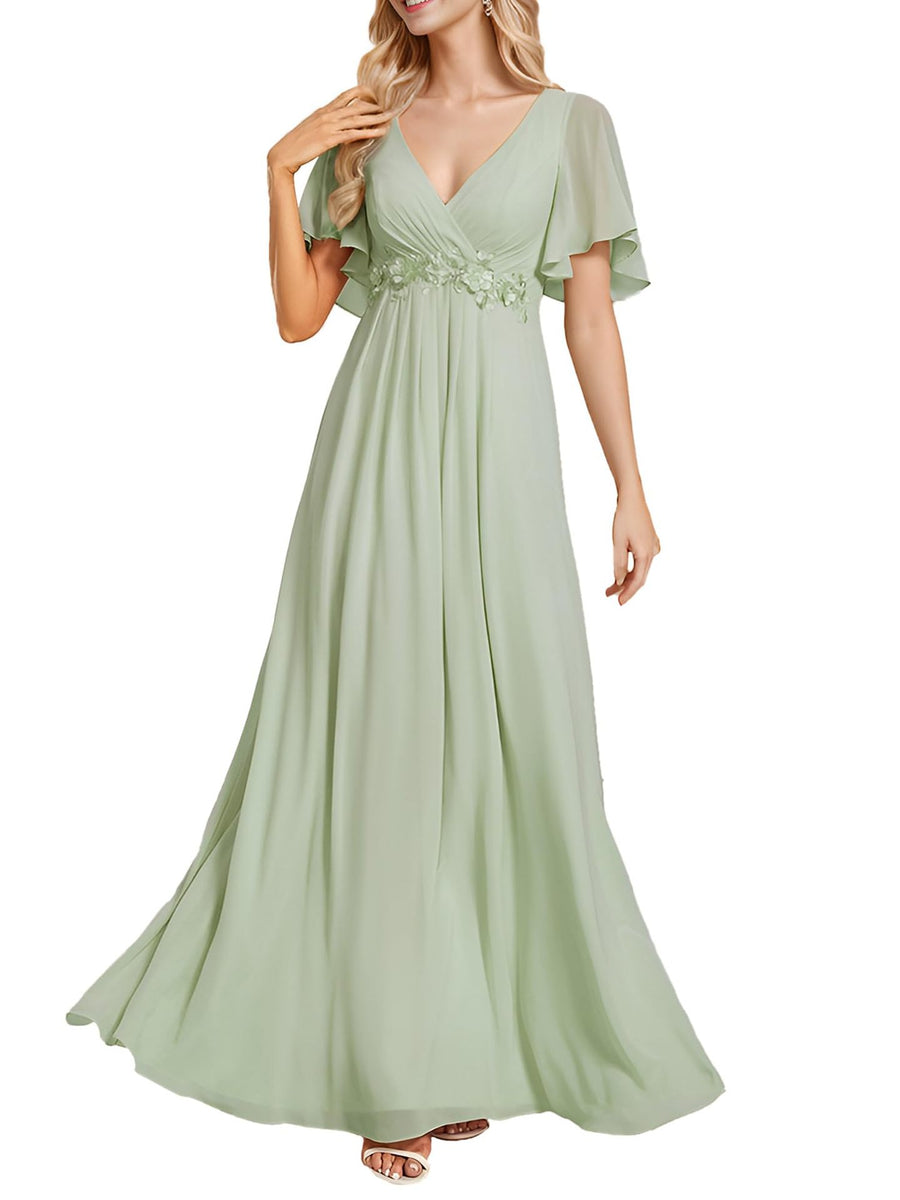 European and american style v-neck chiffon long bridesmaid dress, butterfly sleeve cinched waist slimming evening gown, party hostess dress