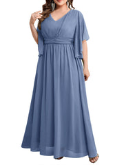 Plus size women's v-neck high-waisted a-line long evening gown/party dress - slimming and flattering - perfect for curvy moms (cross-border)