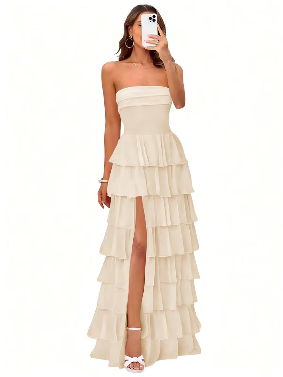 Cake skirt women's layered ruffles high slit long skirt sexy evening dress wedding bridesmaid dress tube top party dress