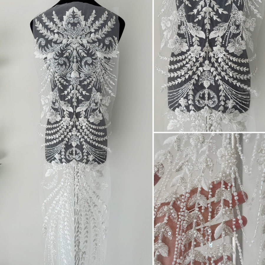 Half-Silver Mesh Fabric with Mixed Beads, Sequins & Machine Embroidery - DIY Apparel Front & Back Panel (ZH482)