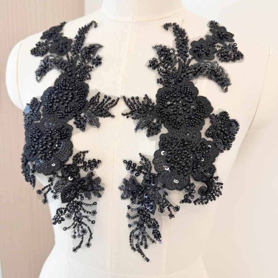 Black Flower Cotton Thread Sequined Embroidery Lace Fabric - DIY Bag, Head Yarn & Large Trailing Production (ZH415)