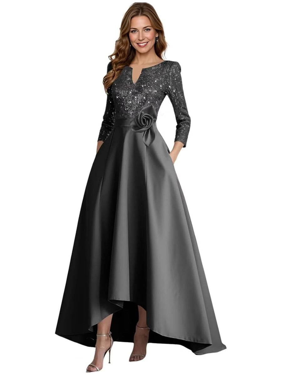 European and american style plus size evening gown for women, sequined satin high-low floor-length dress, wedding mother of the bride outfit, new year's gala performance dress