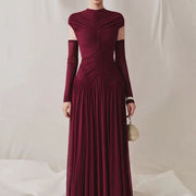 High-Neck Ruched Maxi Dress — A Sculpted Bodice with a Flowing Skirt