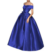 European and american one-shoulder satin flared maxi dress with tie-up bow waist – evening, wedding, and mother-of-the-bride long gown