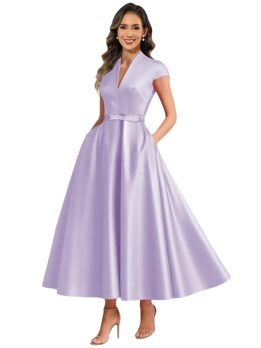 2026 premium satin v-neck midi dress with belted waist, pockets, and suitable for daily wear, parties, and hosting events