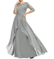 New chiffon lace long evening gown - round neck, mid-sleeve, slimming design - perfect for weddings, bridesmaids, dinner parties, or mother of the bride