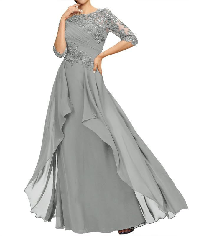 New chiffon lace long evening gown - round neck, mid-sleeve, slimming design - perfect for weddings, bridesmaids, dinner parties, or mother of the bride