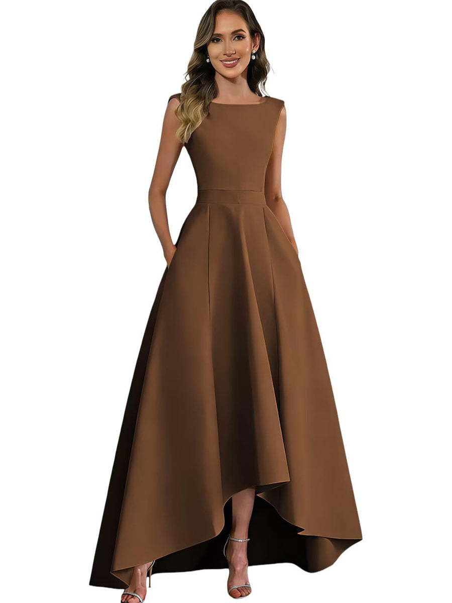 Women's solid color satin sleeveless fitted evening gown for export - amazon style cocktail party bridesmaid dress - high-low hem